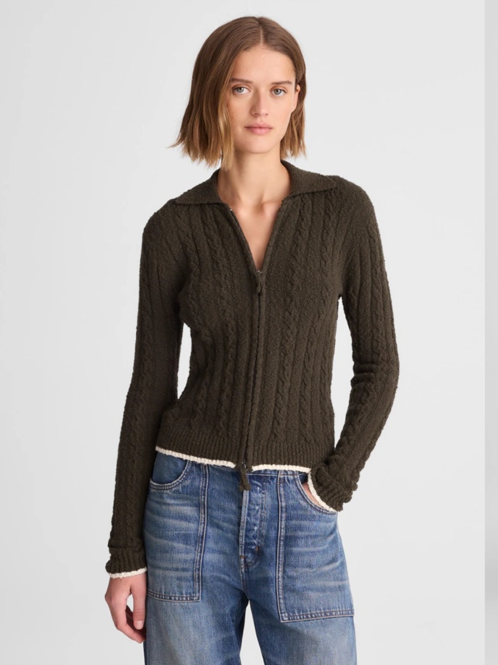 Madewell Olive Cable-Knit Zip Sweater size S